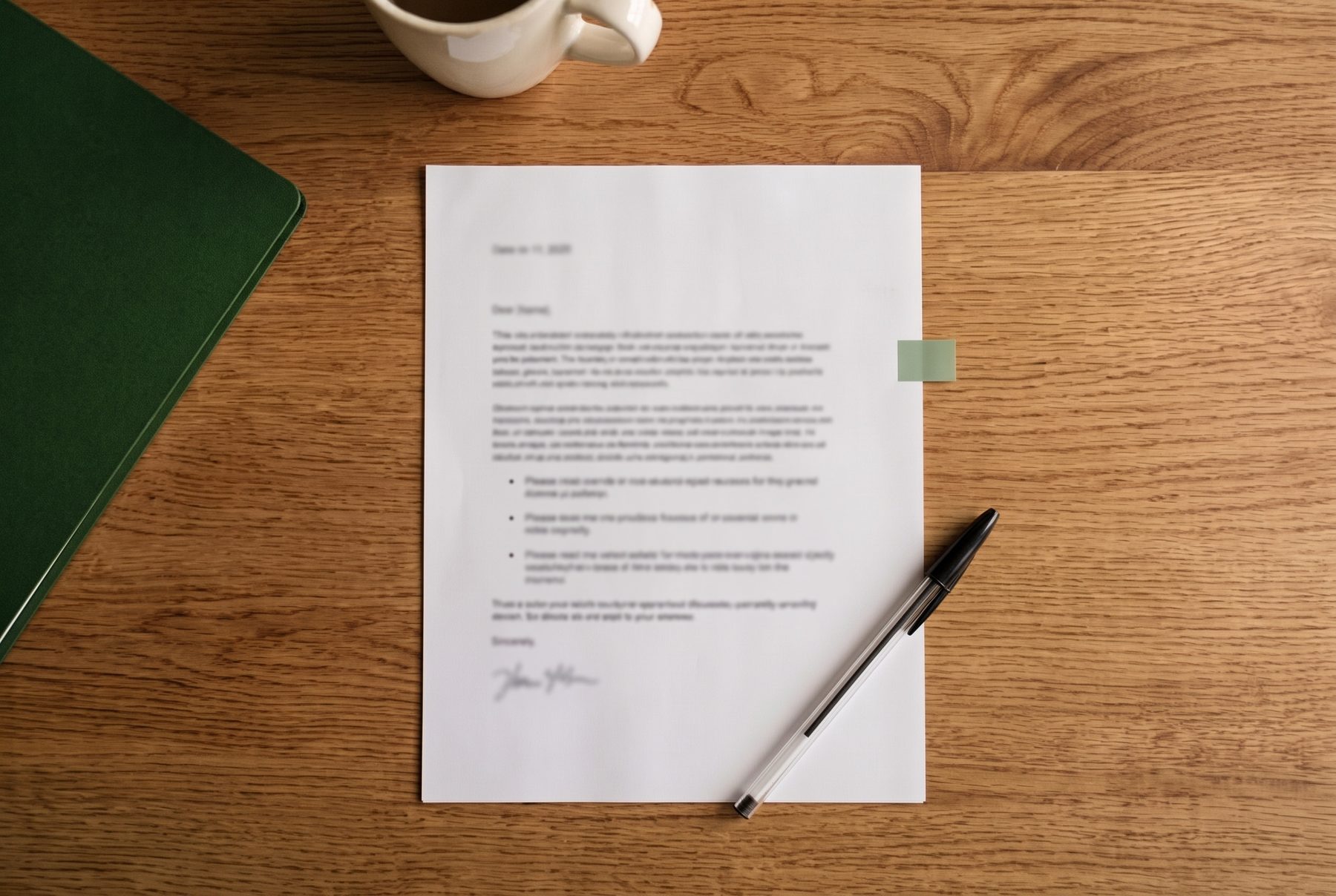 Printed letter with a green tab and a pen on a wooden table