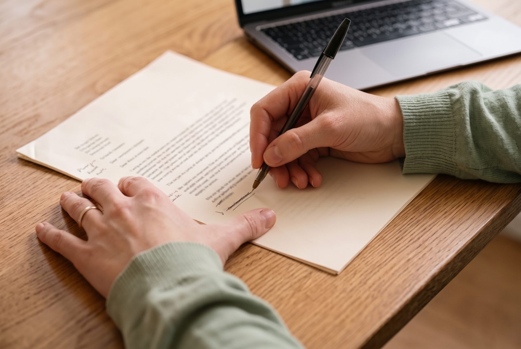 Hands marking up a printed letter with a pen