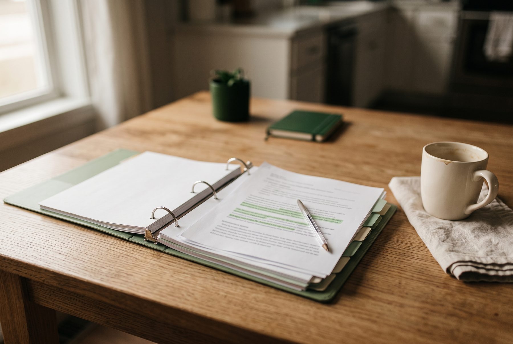 Binder of school paperwork and a coffee mug on a kitchen table